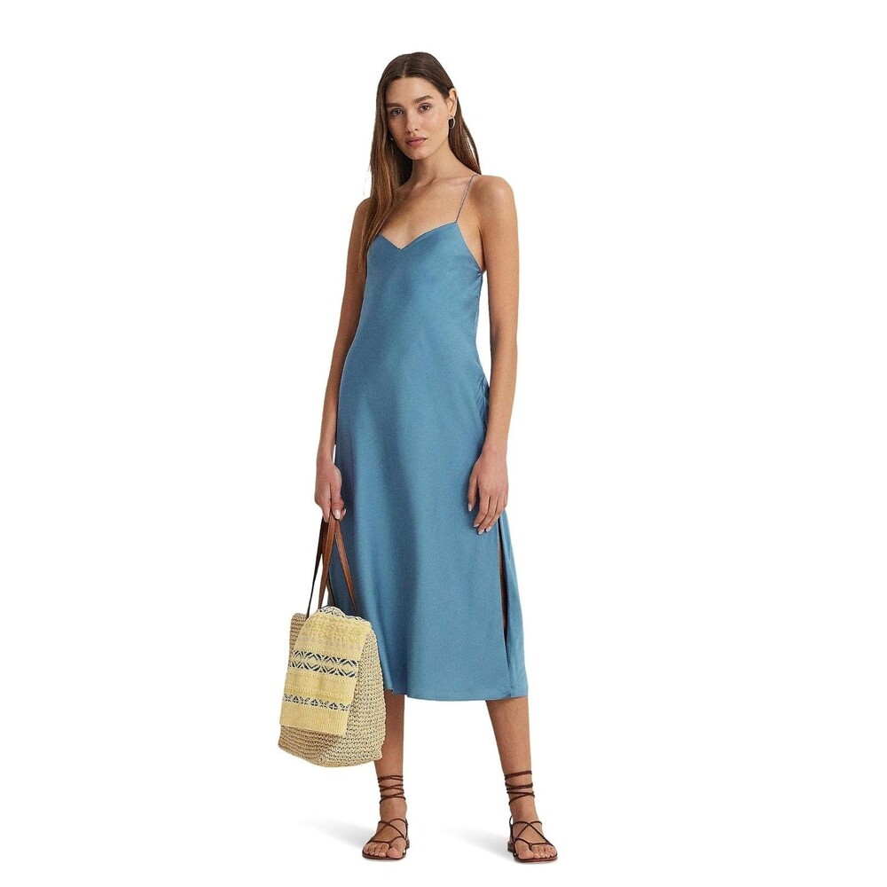 Ralph Lauren Women 12 Blue Pale Azure Featherweight Charmeuse Slip Dress NWTCO68